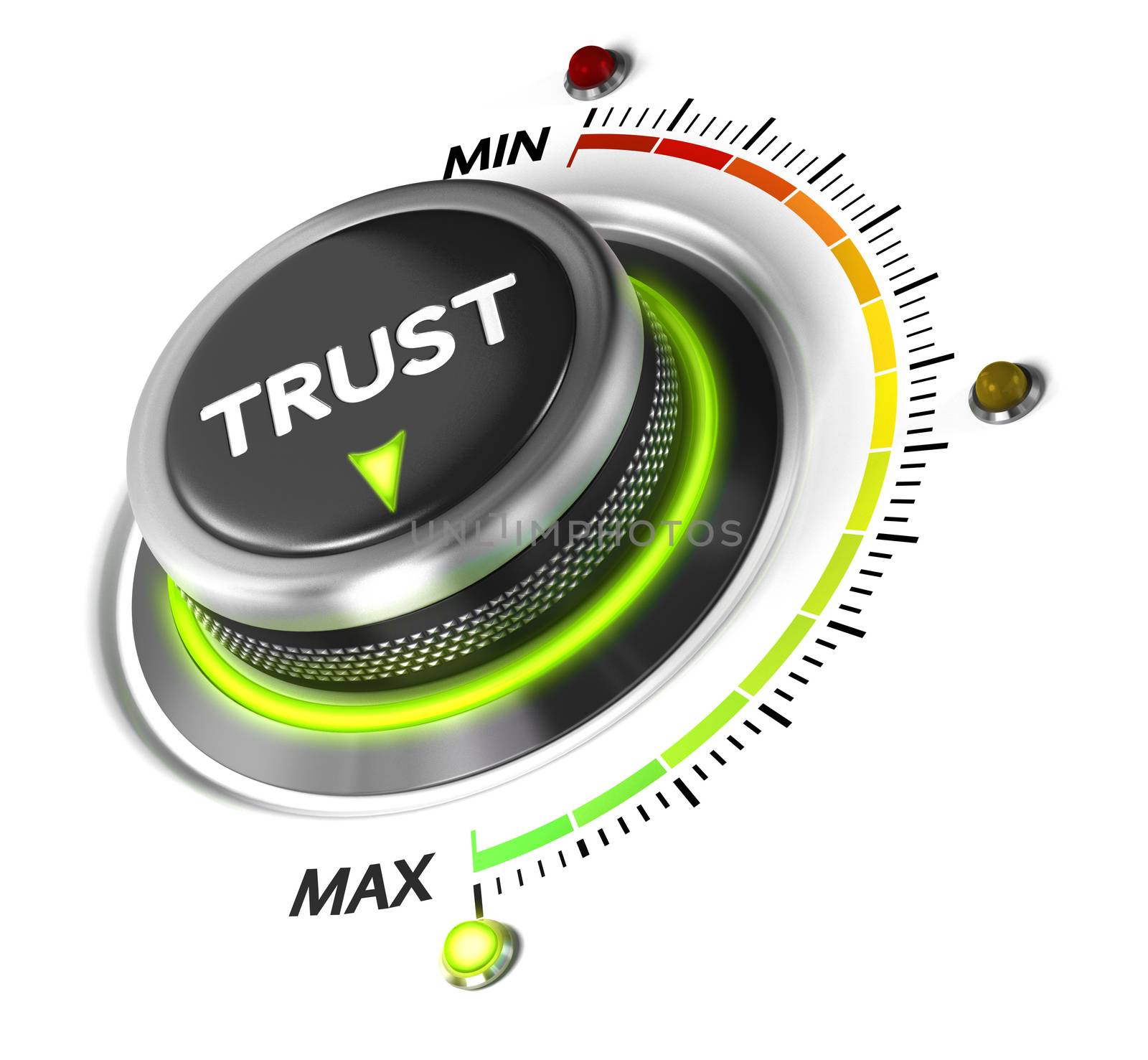 Trust button set on highest position. Concept image for illustration of high confidence level, trusted service or review.