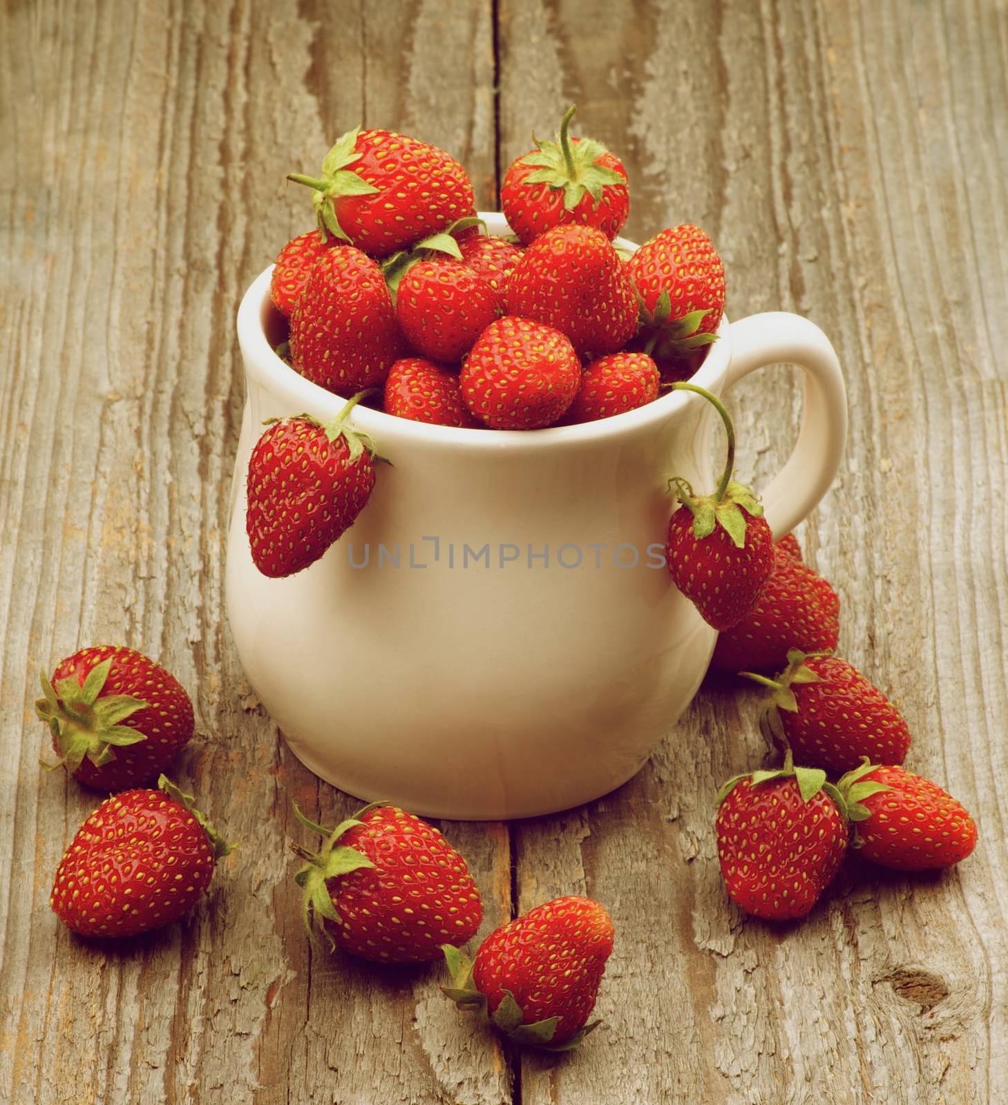 Small Ripe Forest Strawberries in Tea Cup isolated on Rustic Wooden background. Retro Styled