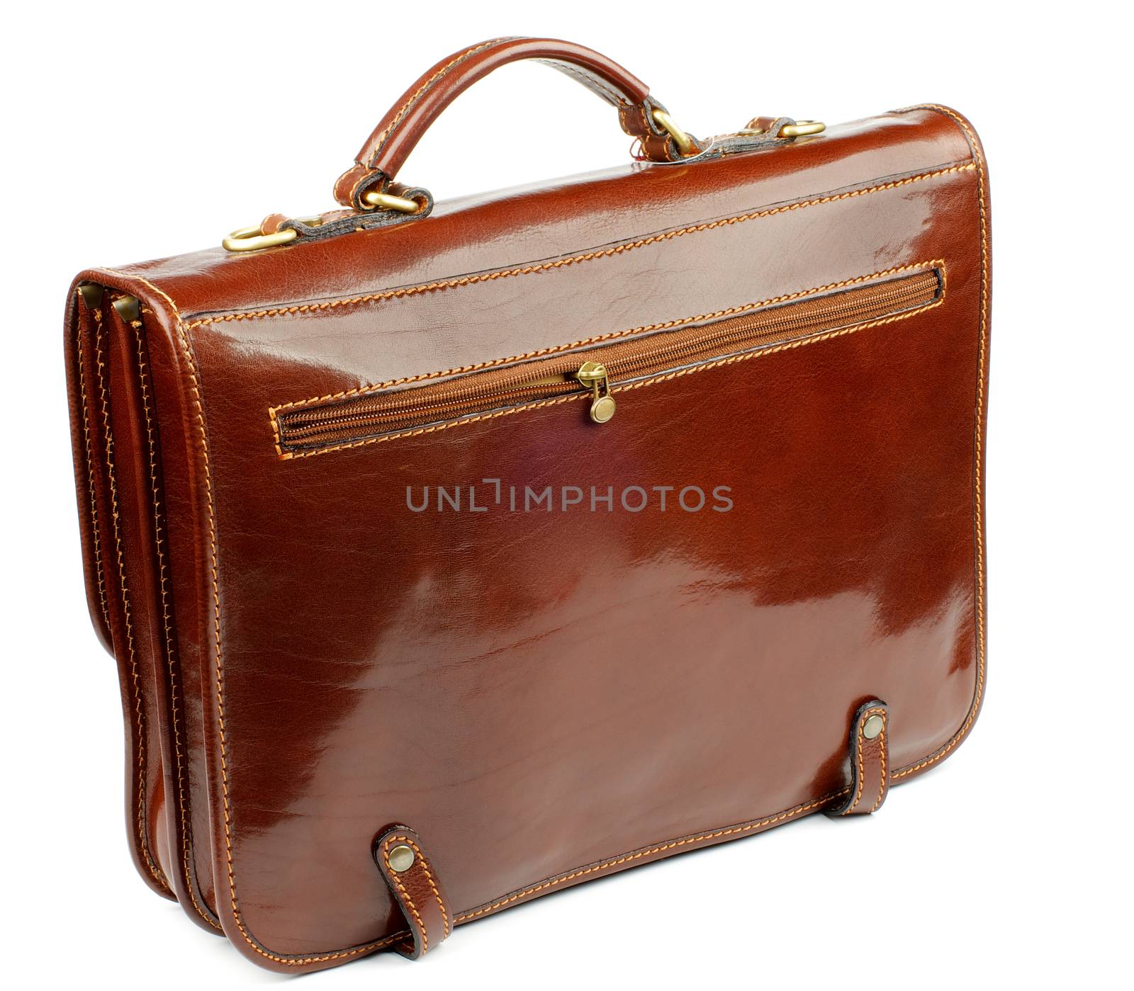 Ginger Shiny Leather Old Fashioned Briefcase with Gold Details and Zipper Pocket isolated on white background