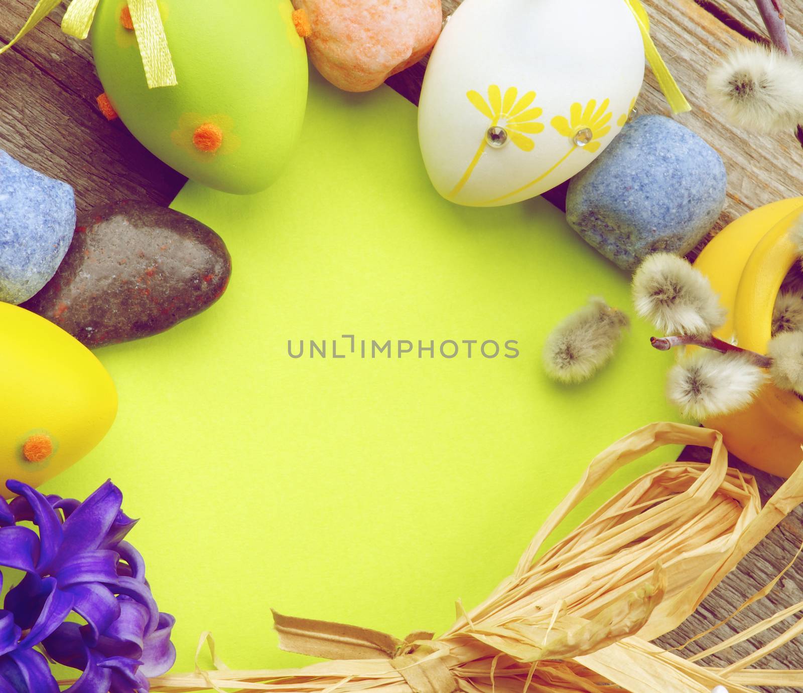 Easter Greeting Card with Pussy-Willow, Colored Stones, Crocus, Easter Eggs and Empty Green Place to Congratulations closeup. Retro Styled