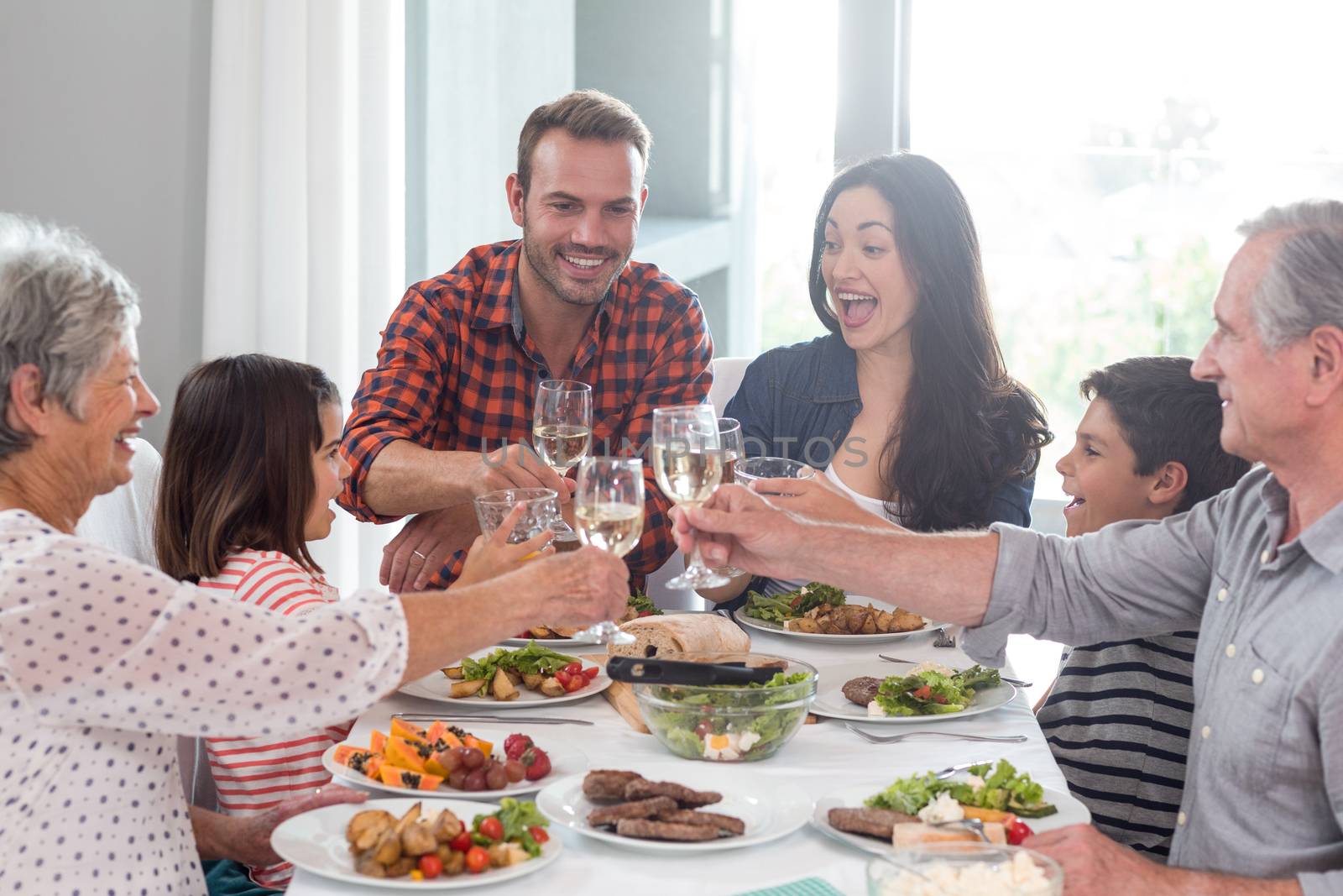 Family sitting at dining table having meal