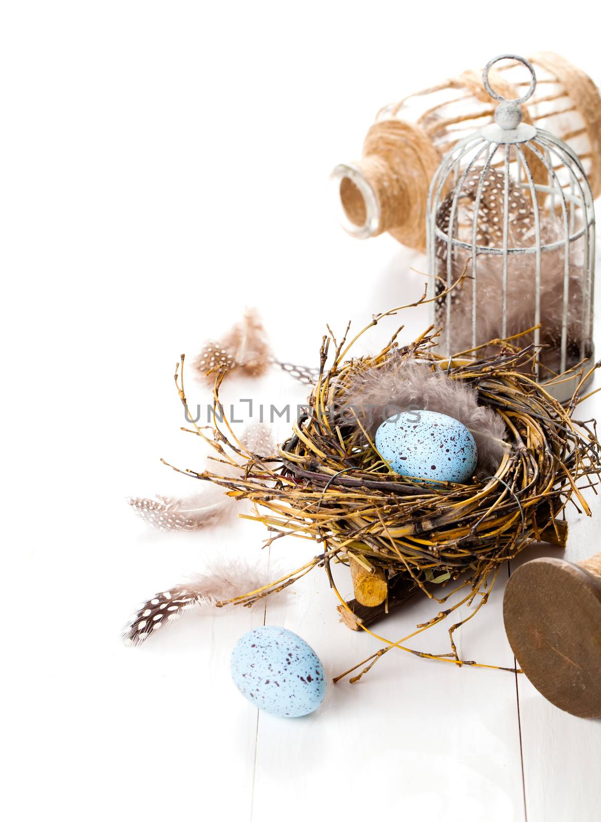 Easter eggs nest with birdcage, on white wooden background by motorolka