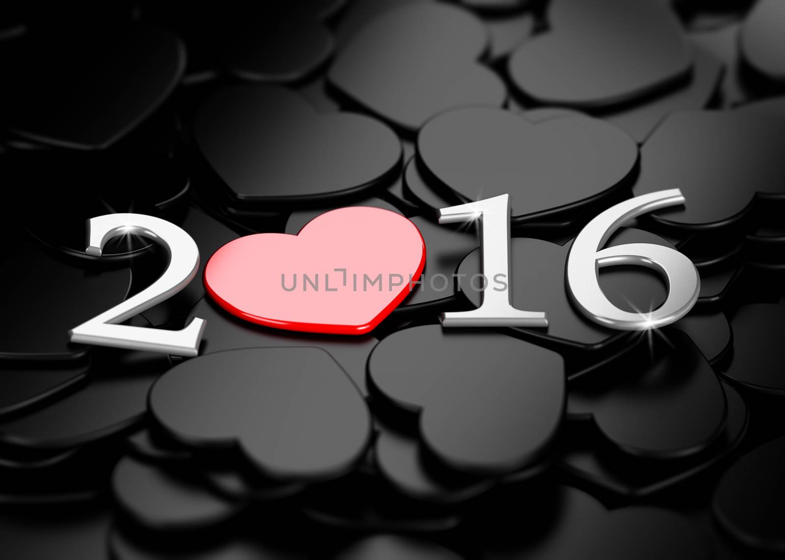 New year 2016 written in 3D on a lot of black heart shapes with red heart instead of the zero. Concept image for greeting card design background.