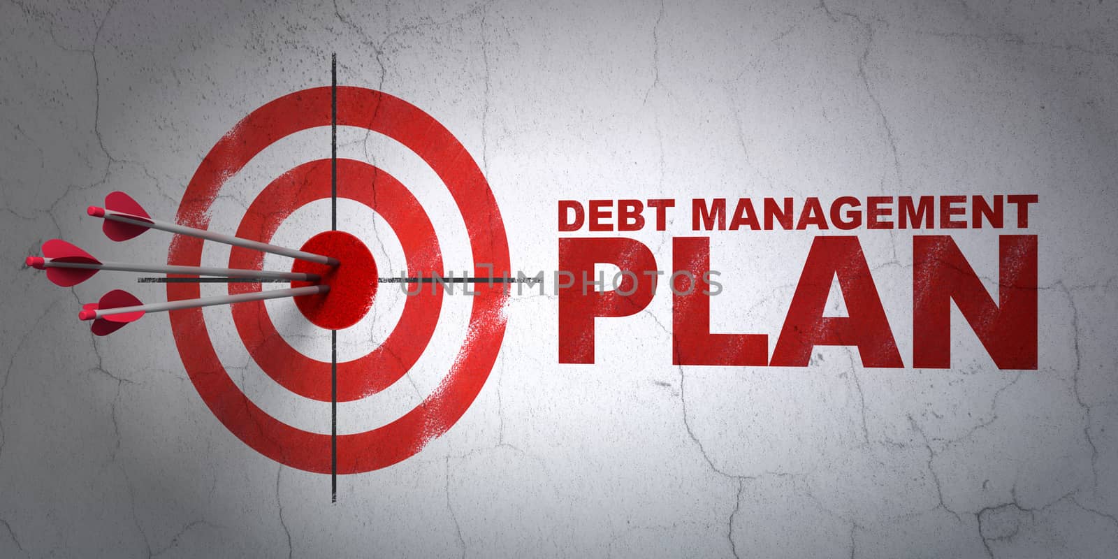 Success business concept: arrows hitting the center of target, Red Debt Management Plan on wall background