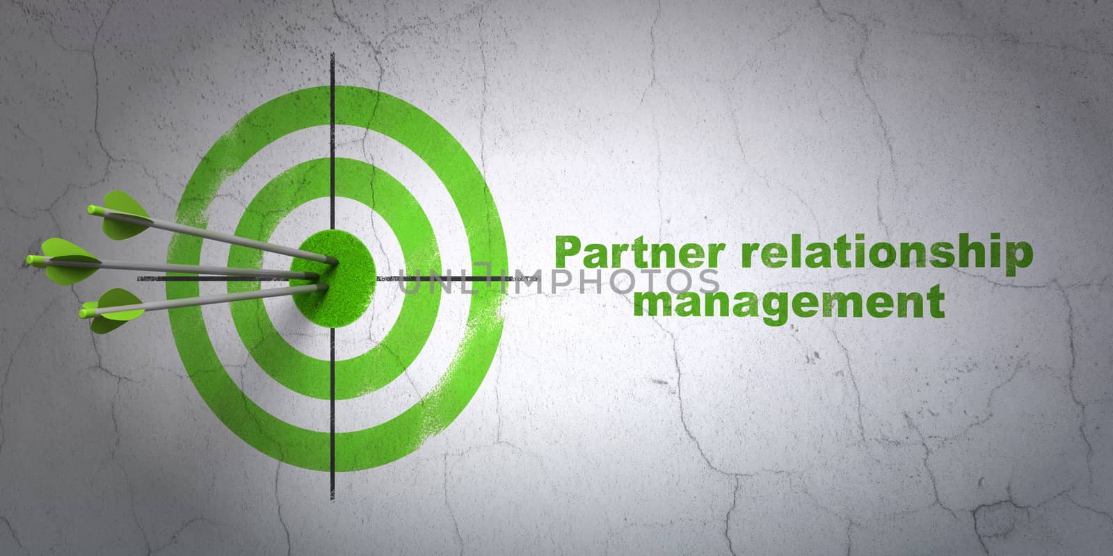 Success business concept: arrows hitting the center of target, Green Partner Relationship Management on wall background