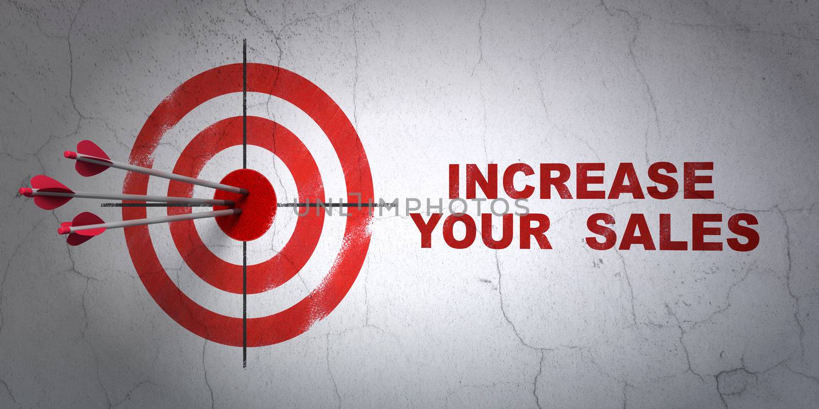 Success finance concept: arrows hitting the center of target, Red Increase Your  Sales on wall background