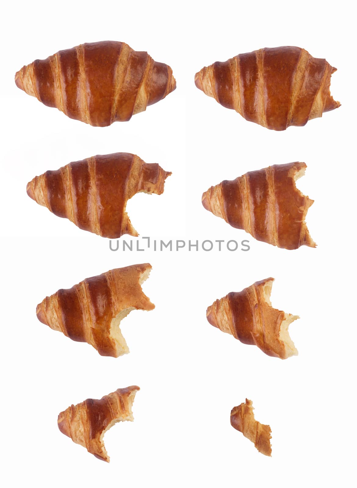Vertical composition with the process of eating gradually a croissant isolated on white background