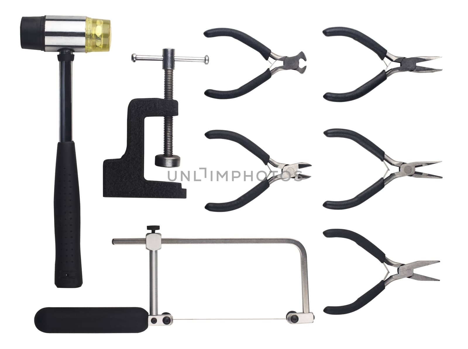 Set of working tools with black handles, isolated on white background