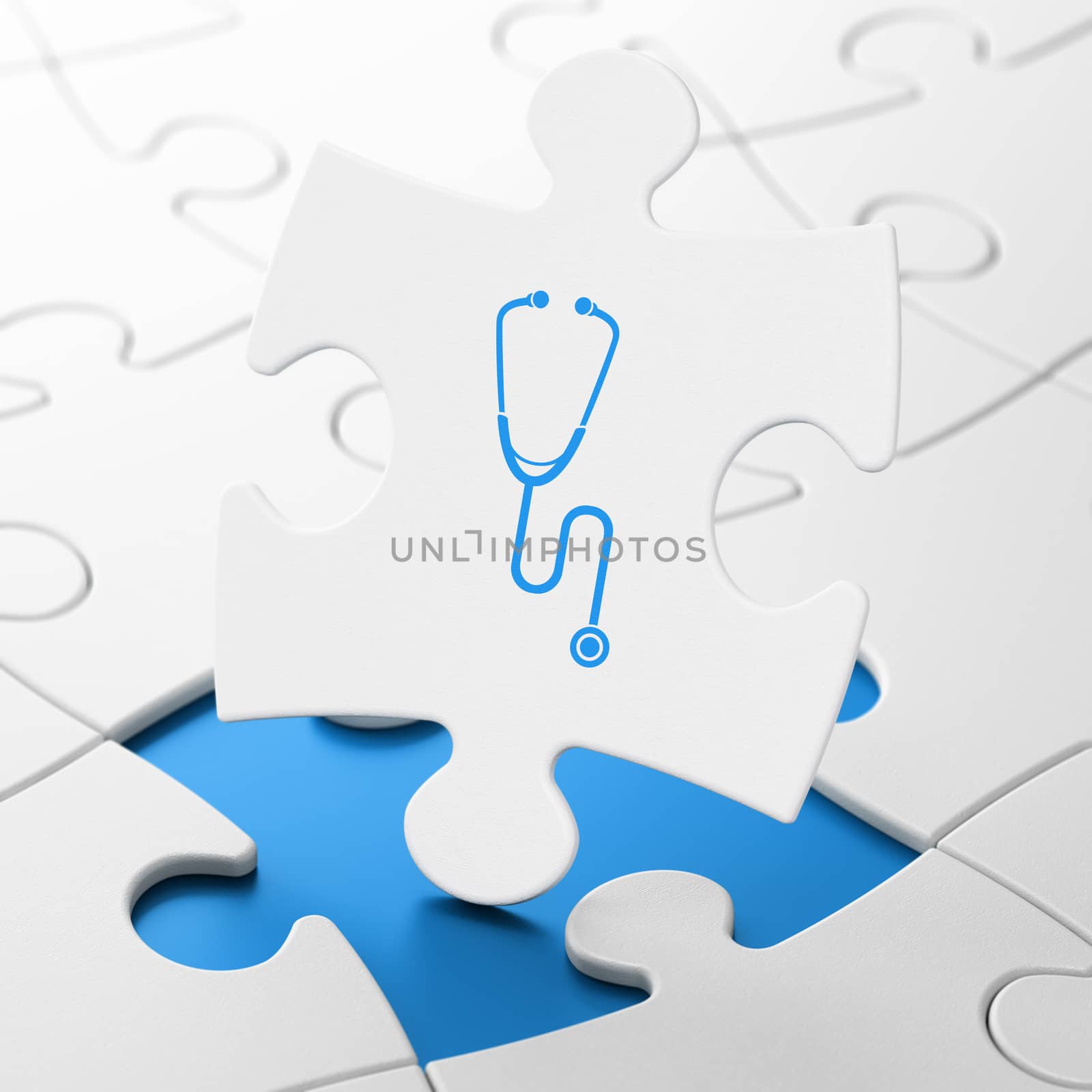 Healthcare concept: Stethoscope on White puzzle pieces background, 3d render
