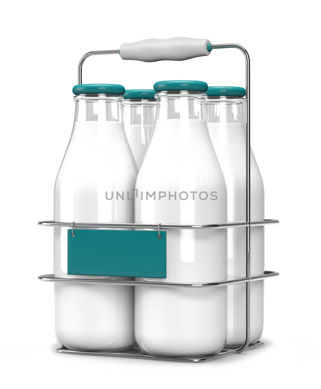 Four glass bottles of milk with light blue caps in a metal carrying case with holder and a display on front isolated on white background