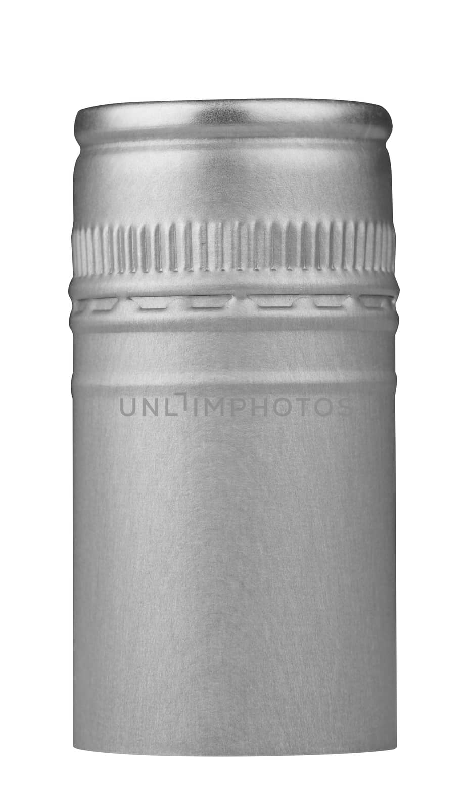 Macro shot of a silver pilfer cap isolated on white background