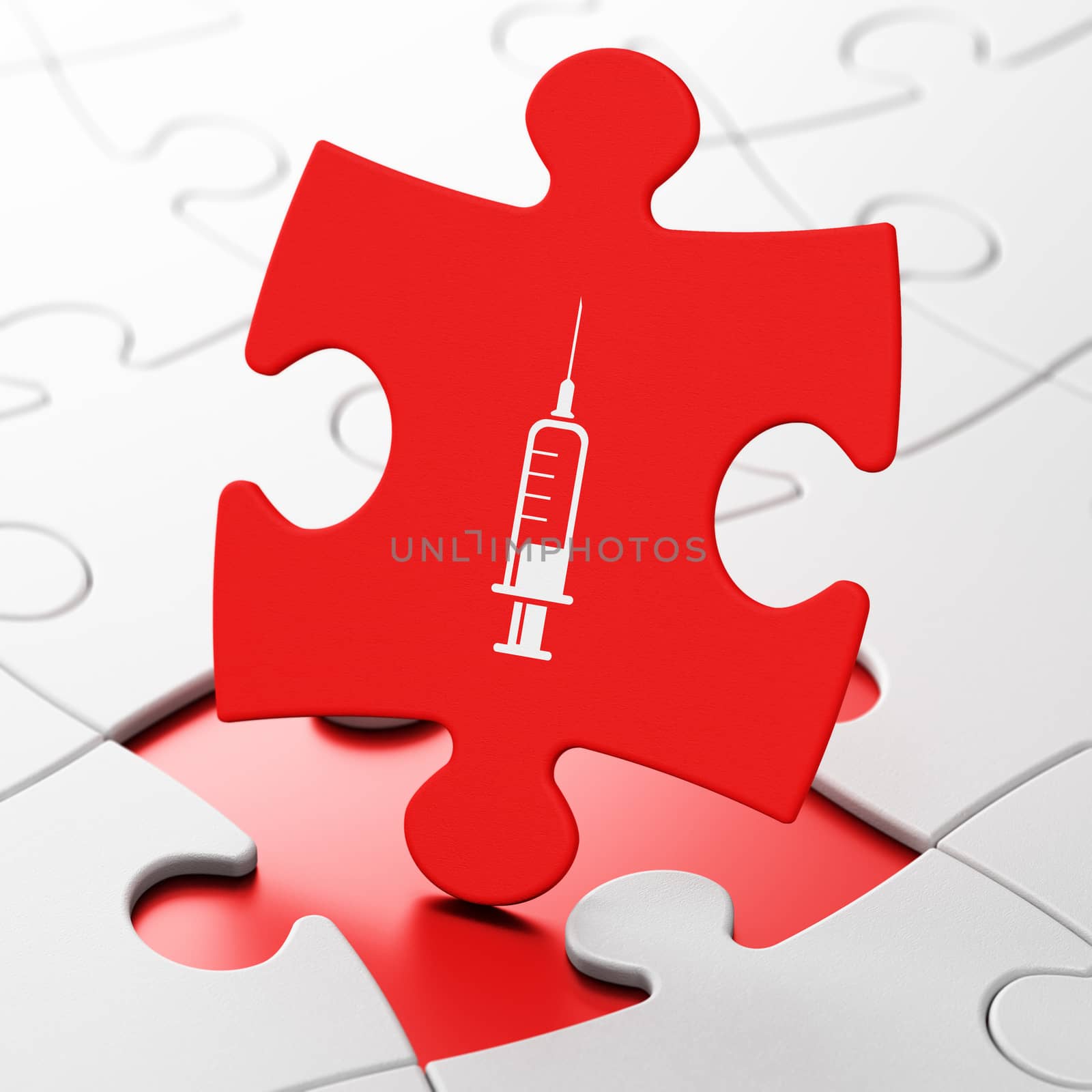 Medicine concept: Syringe on Red puzzle pieces background, 3d render