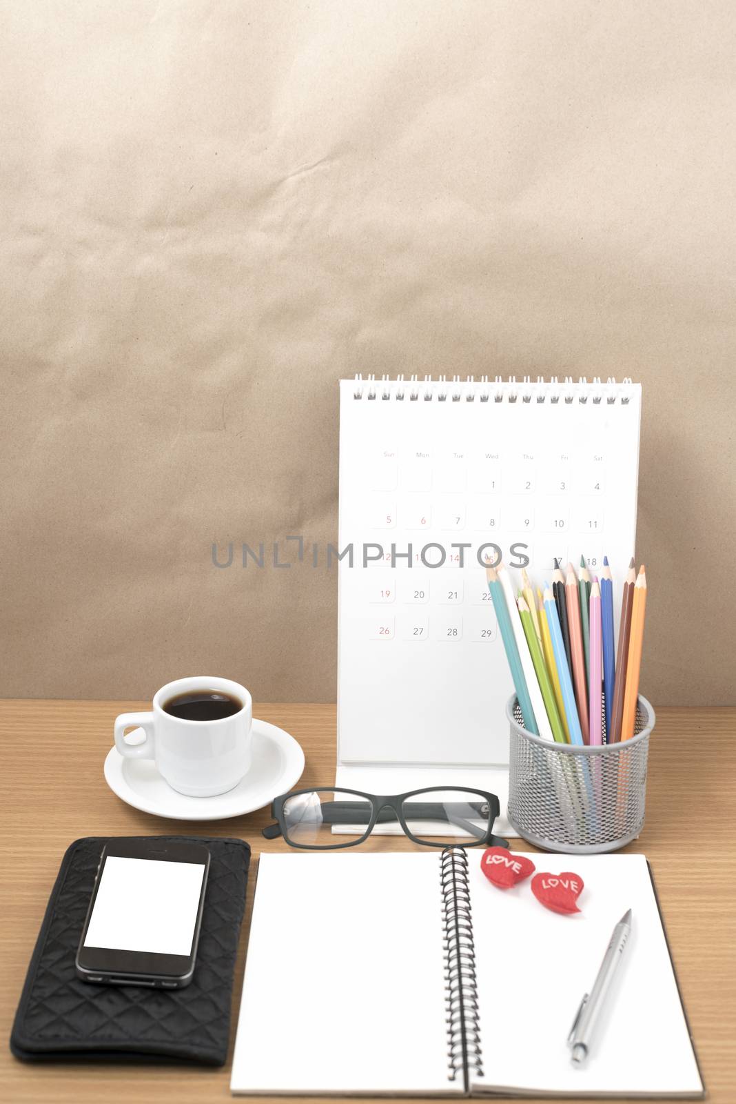 office desk : coffee with phone,wallet,calendar,color pencil box by ammza12