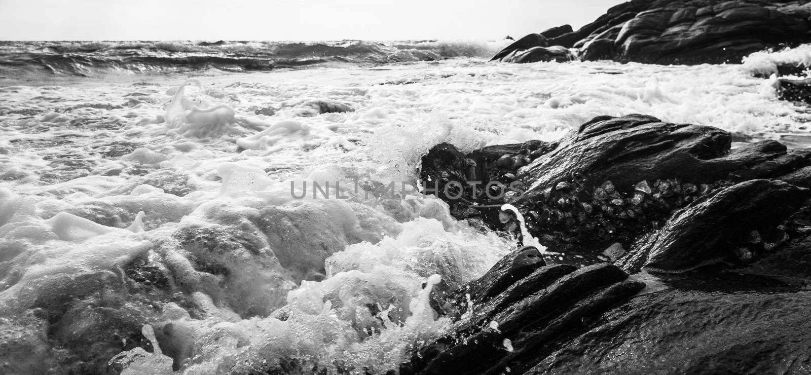 Black and white Beach rock and blue sea in Thailand