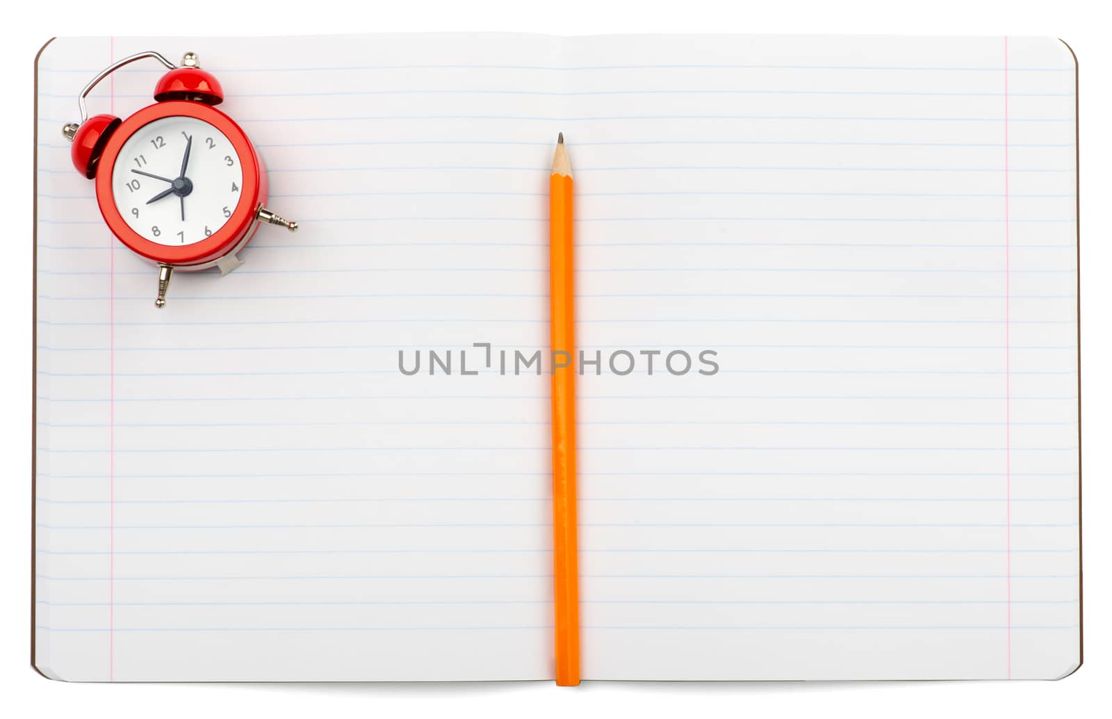 Open notebook with alarm clock by cherezoff
