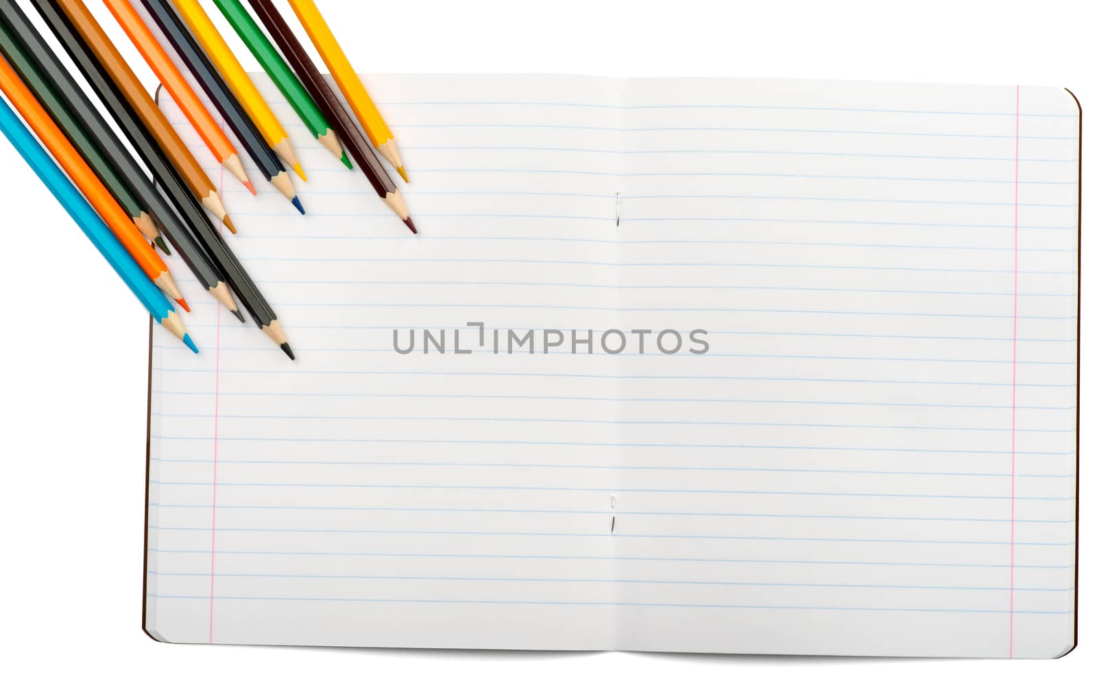Open notebook with set of crayons by cherezoff