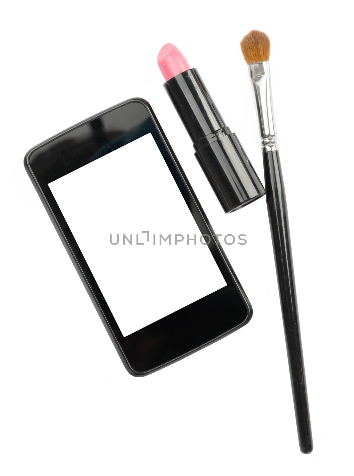Smartphone with blank screen and lipstick on isolated white background
