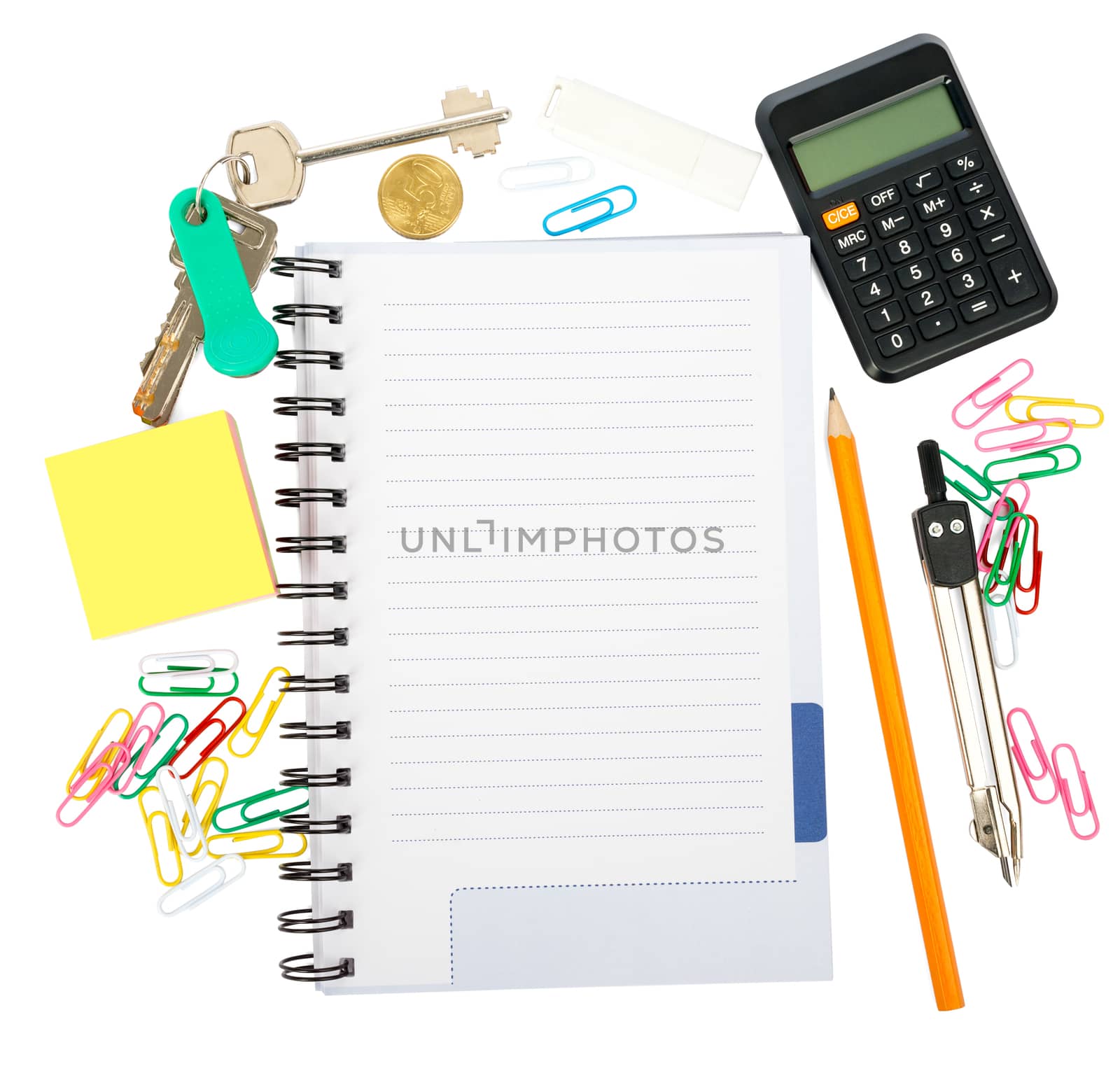 Open notebook with stationery isolated white background, closeup