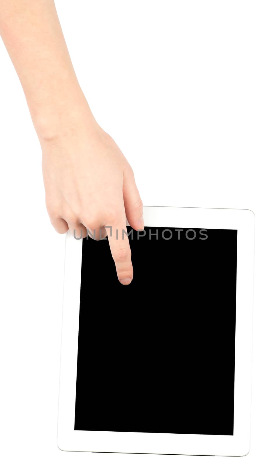 Female hand using tablet with black screen on isolated white background