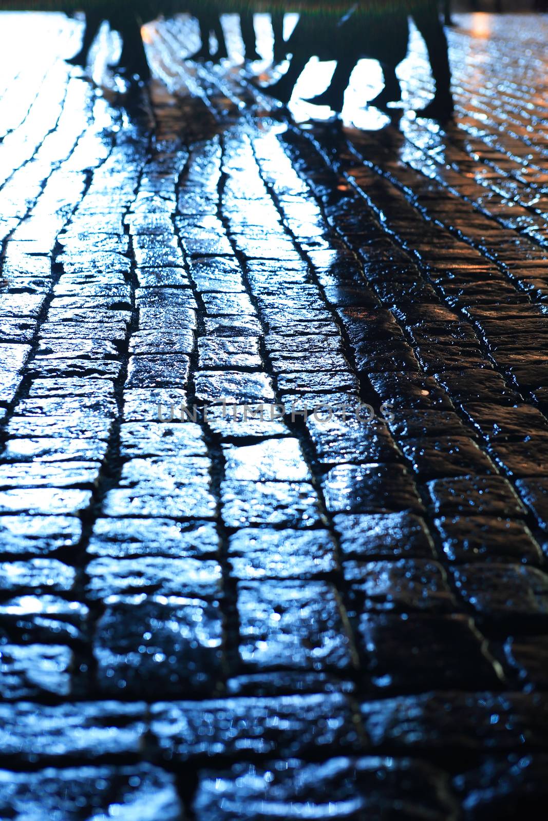 Night city. Closeup of wet cobblestone at night after rain