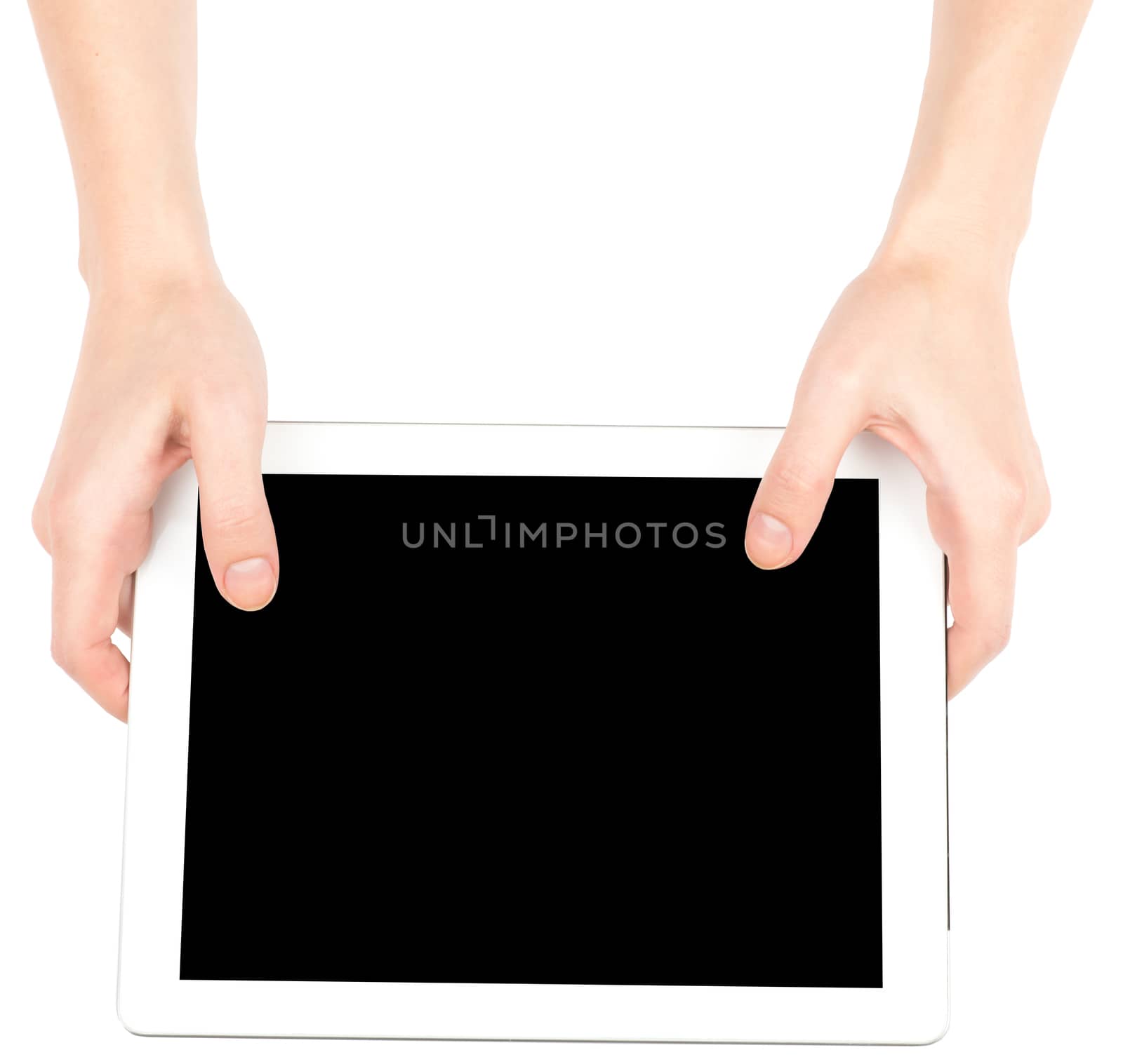 Female hands using tablet with black screen on isolated white background