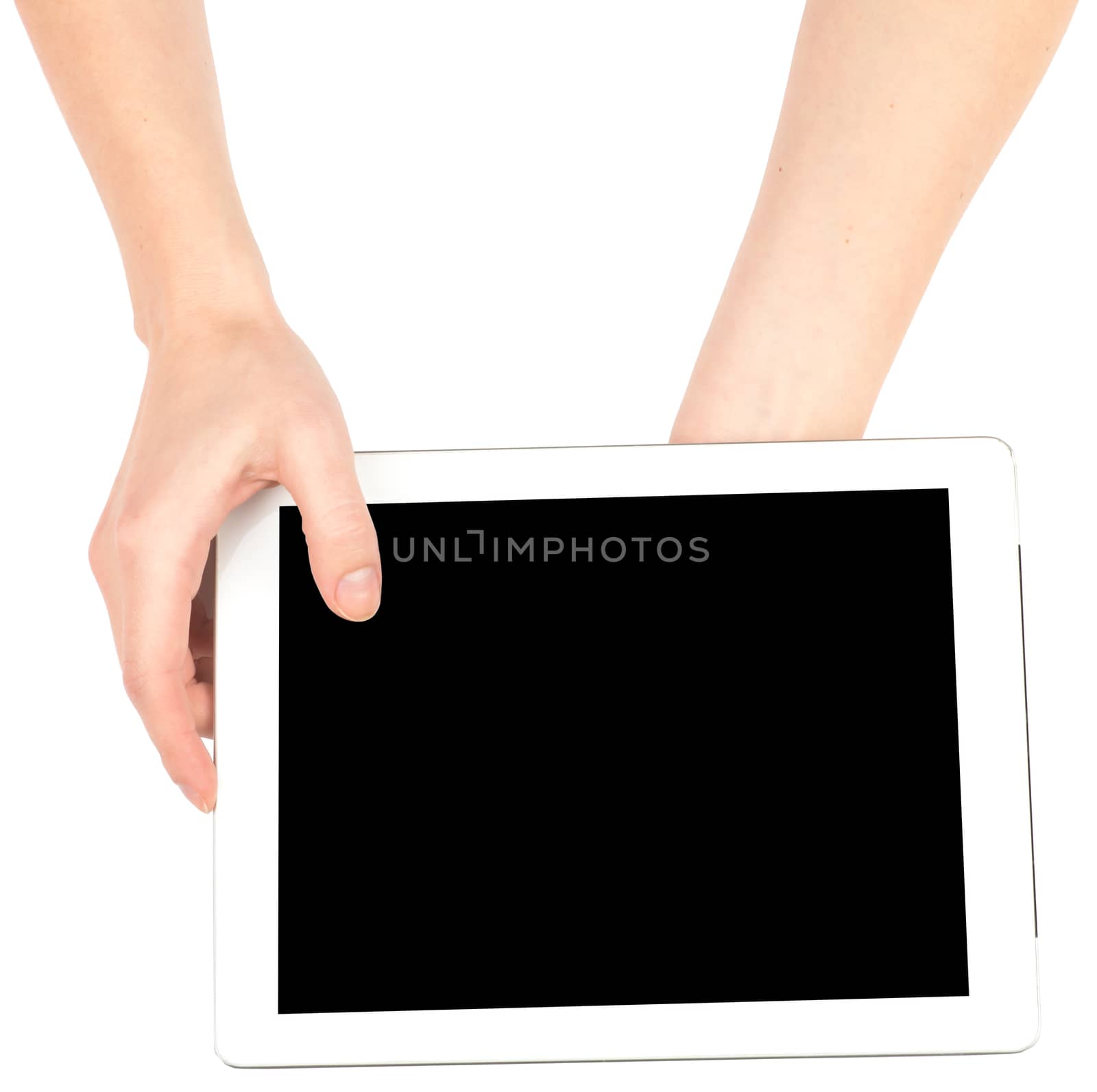 Female hands using tablet with black screen on isolated white background, closeup