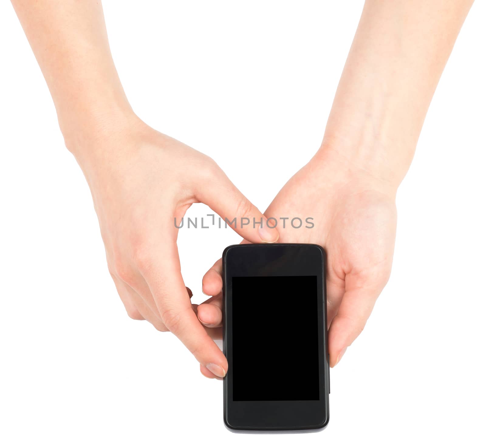 Female hands using smartphone on isolated white background