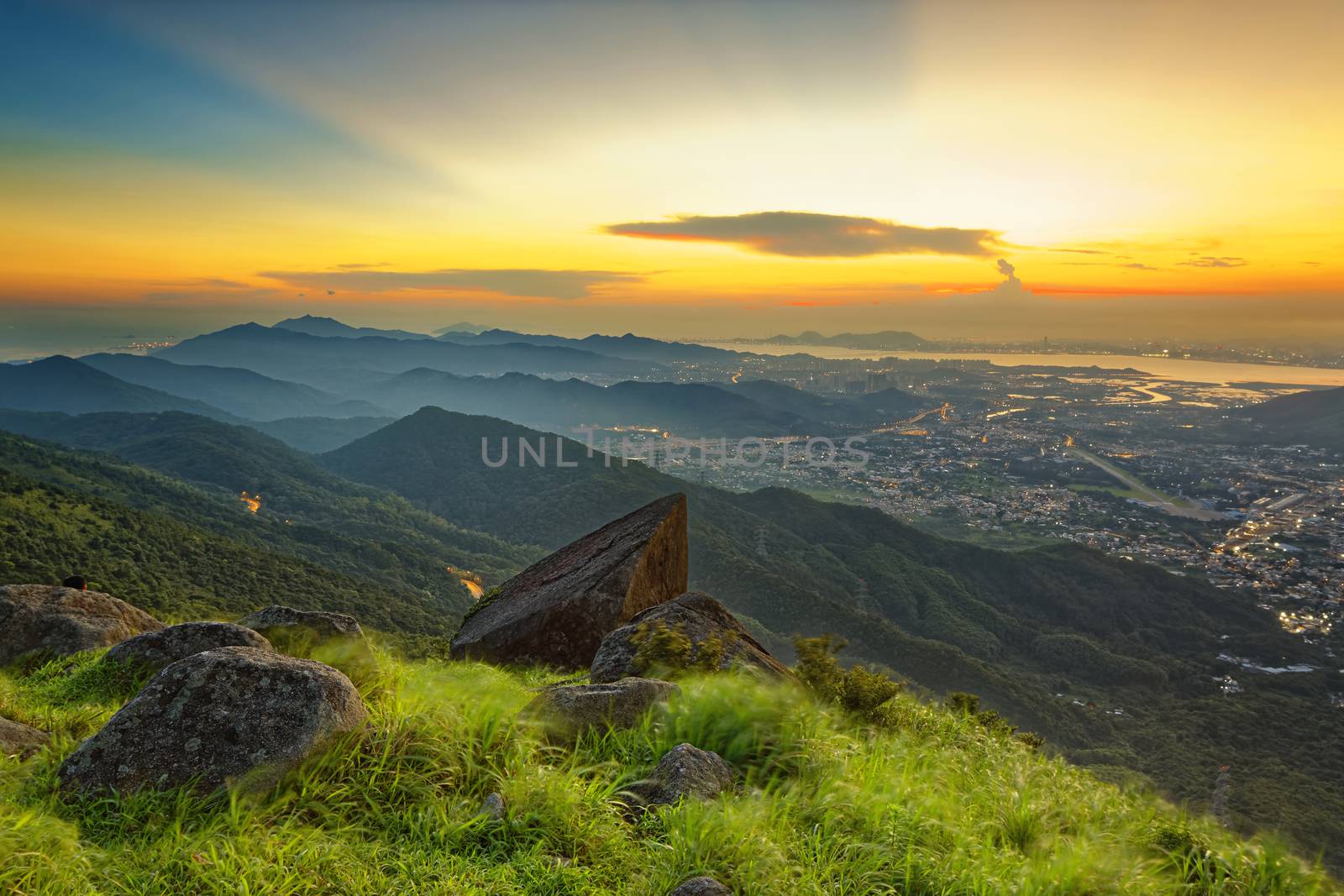 Sunset over new territories in hong kong as viewed atop Tai Mo Shan