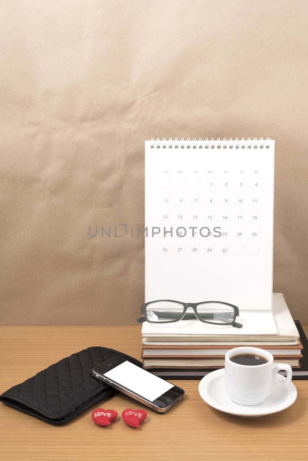 office desk : coffee with phone,wallet,calendar,heart,stack of b by ammza12