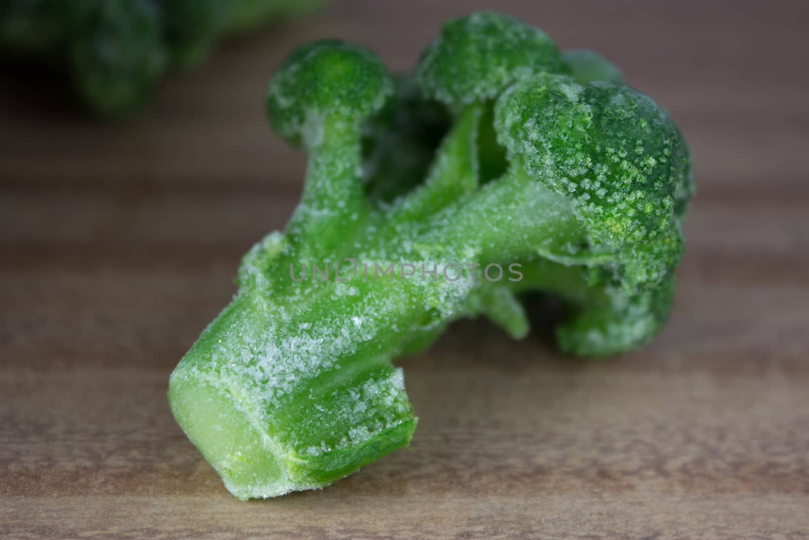 frozen, fresh green 
broccoli sprouts on wooden table