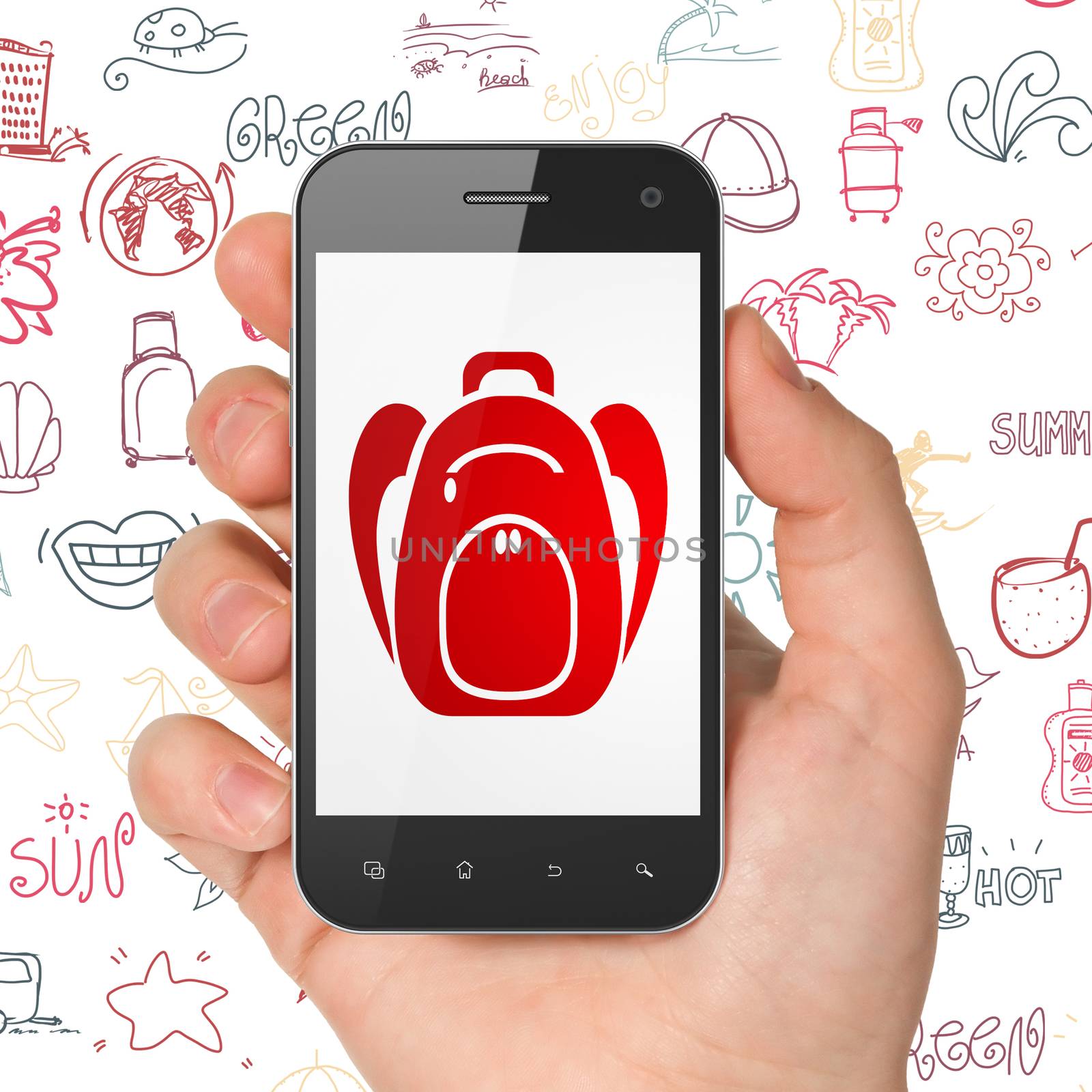 Vacation concept: Hand Holding Smartphone with  red Backpack icon on display,  Hand Drawn Vacation Icons background