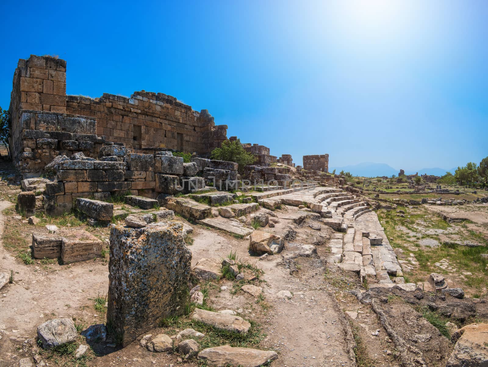 Pammukale, Turkey - July, 2015: photo of ancient city Hierapolis, near modern turkey city Denizli
