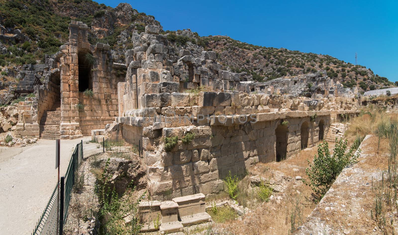 Ancient lycian Myra rock tomb ruins at Turkey Demre