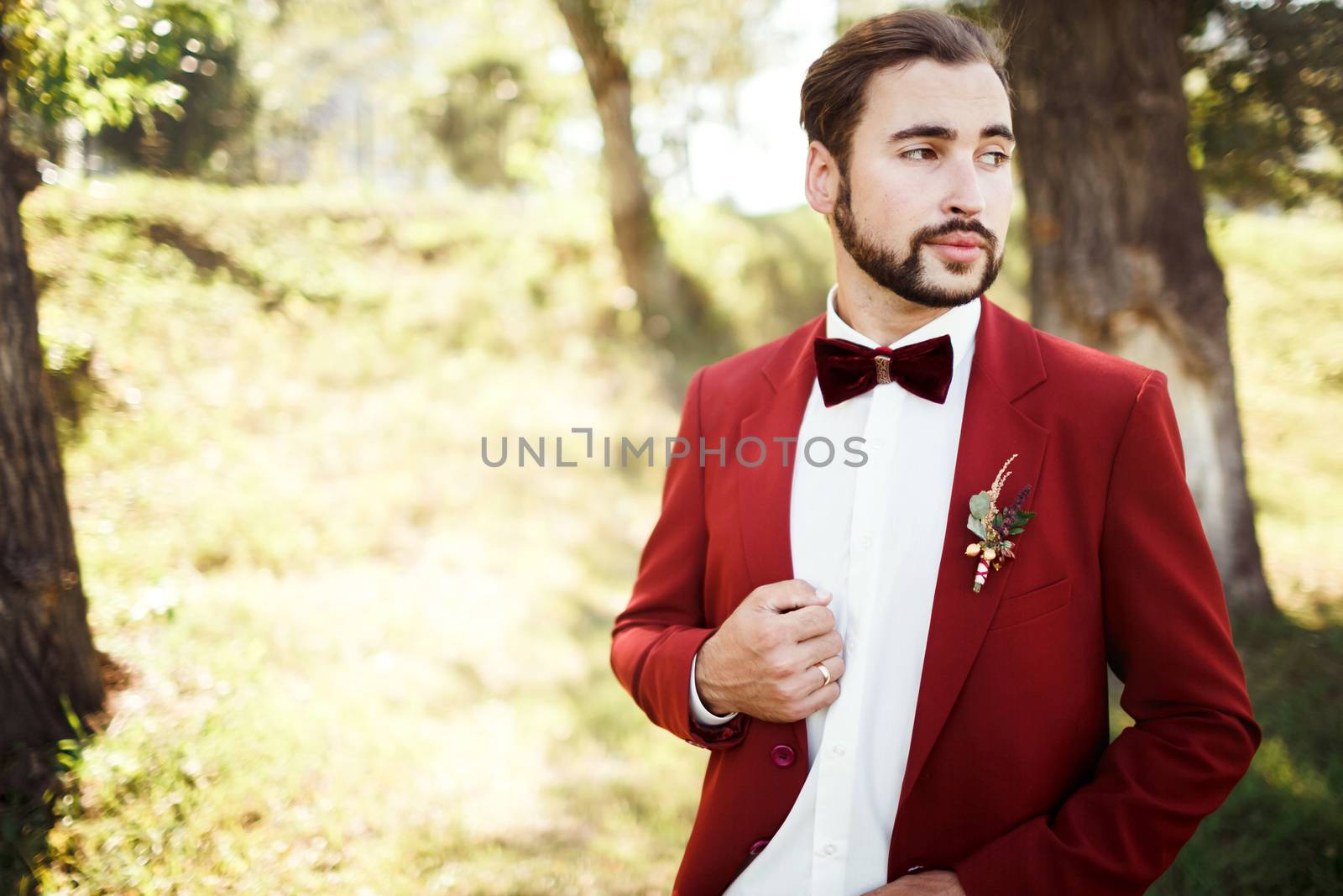 Stylish groom in tuxedo looking away suit marsala red, burgundy bow tie. Man stick to the edge of his jacket, outdoors. Professional hairstyle, beard, mustache. Wedding preparations, getting ready. Copy space for text. Celebration.