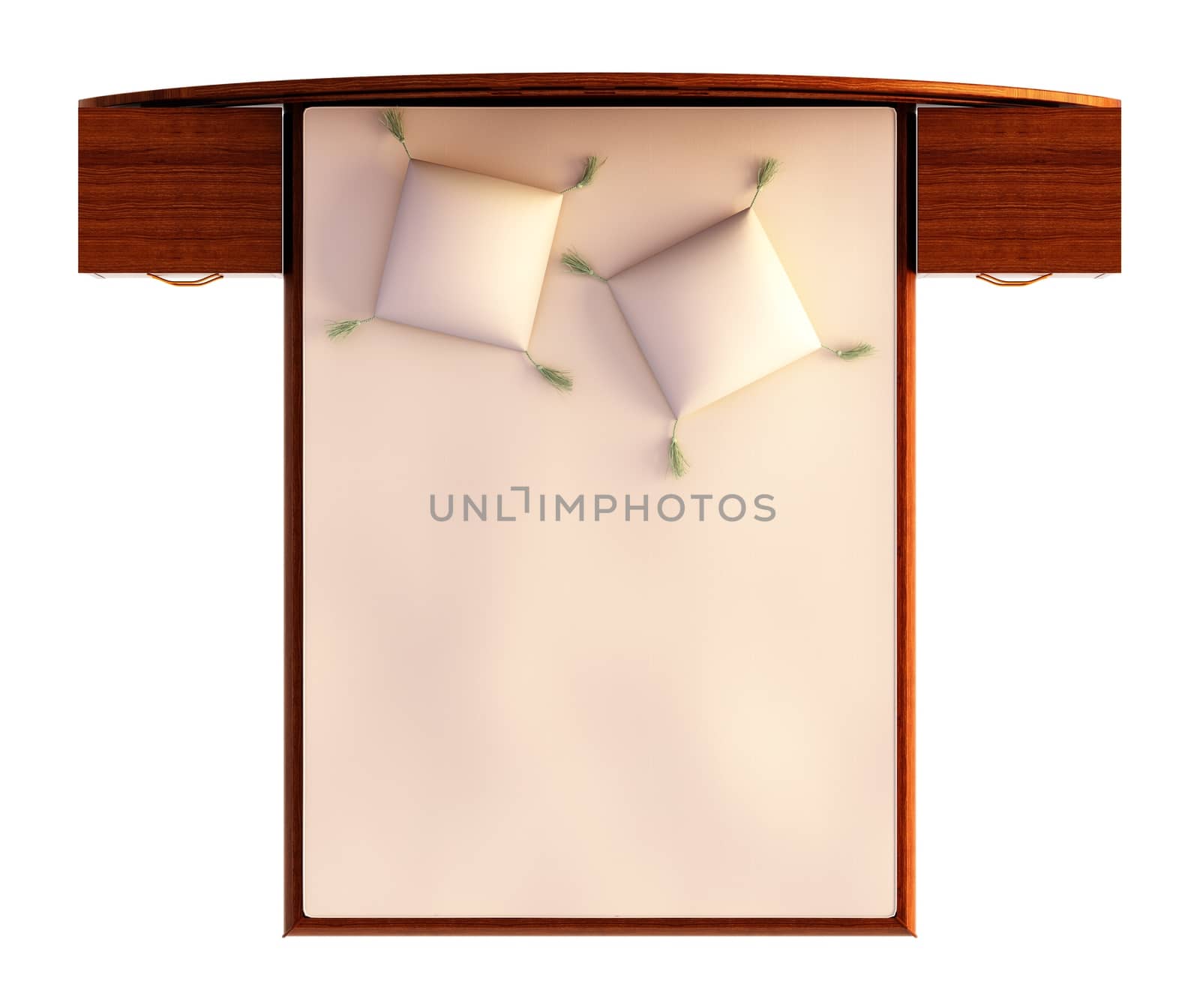 Top view of a bed with a blanket and a pillow isolated on white.