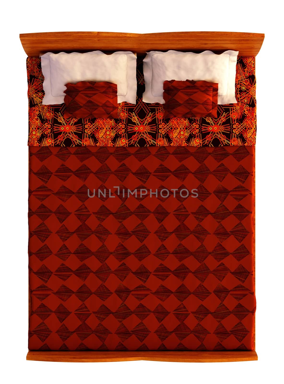 Top view of a bed with a blanket and a pillow isolated on white.