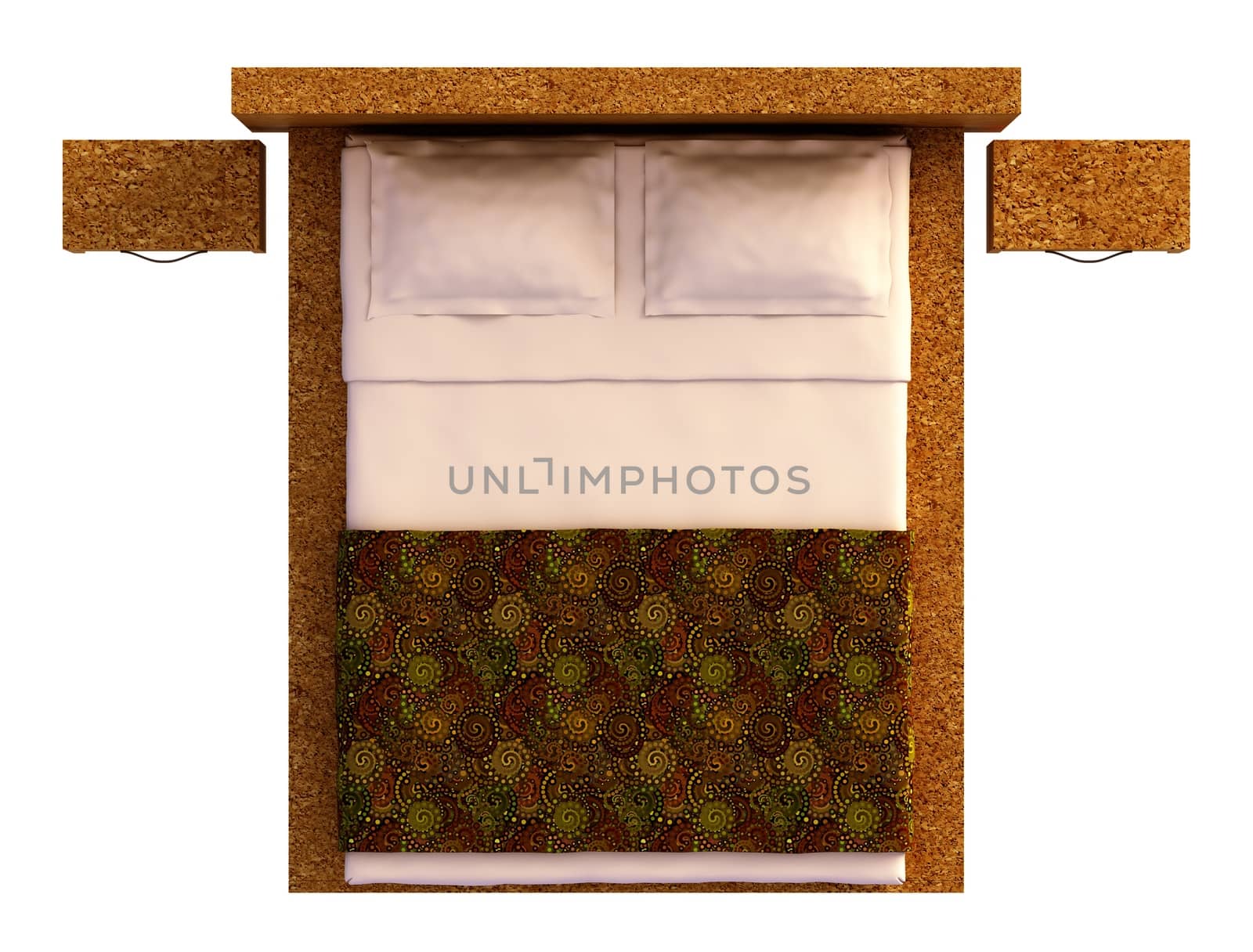 Top view of a bed with a blanket and a pillow isolated on white.