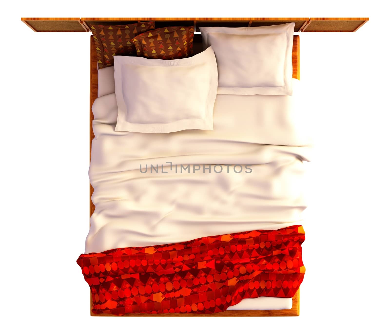 Top view of a bed with a blanket and a pillow isolated on white.