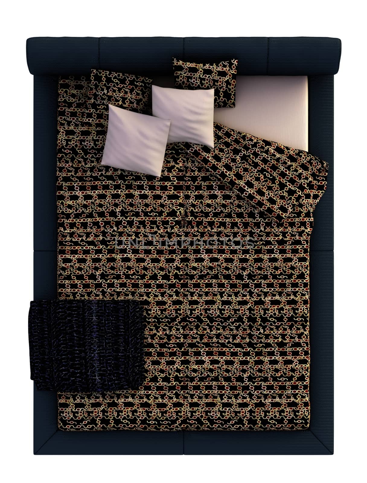 Top view of a bed with a blanket and a pillow isolated on white.