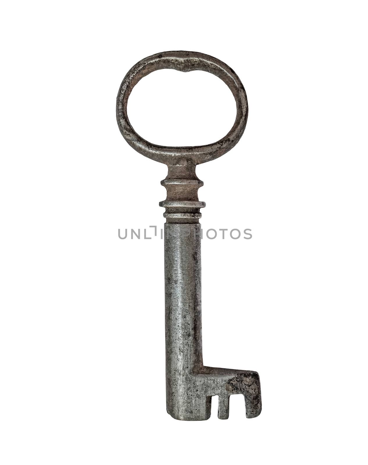 vintage rusty cabinet lock key over white, clipping path