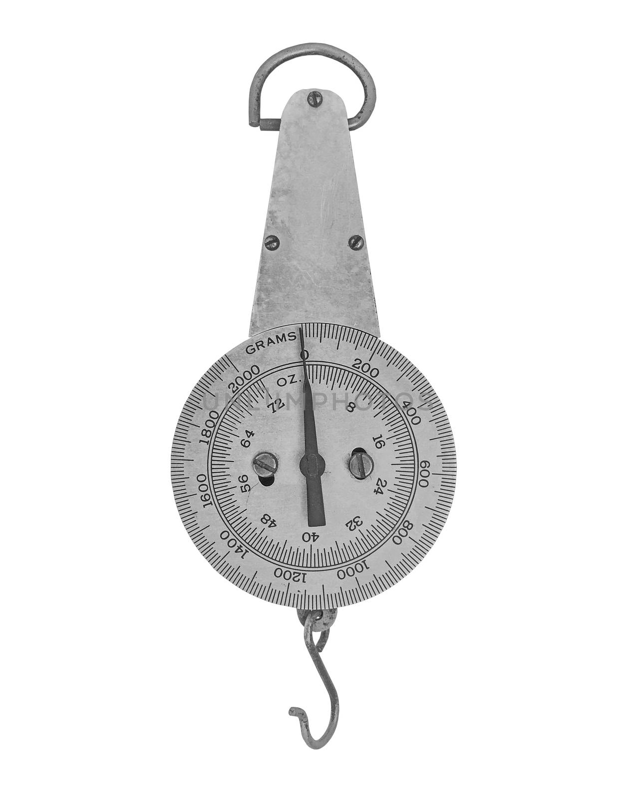 vintage spring scale over white, clipping path