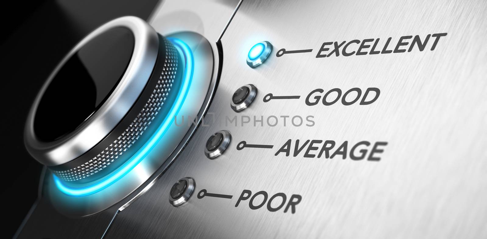 Rating button positioned on the word excellent. Conceptual image for illustration of good customer service and client satisfaction.