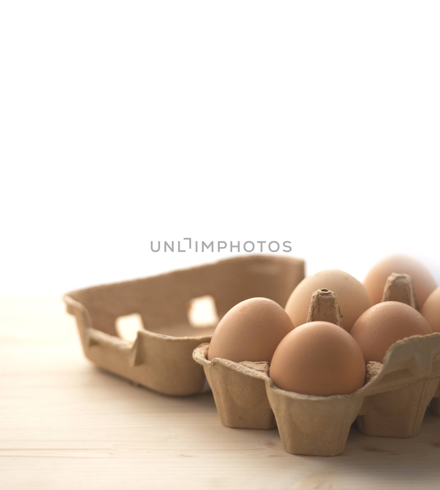 6 hen eggs in a carton box. Gradiant from wood to white free space for text, blur effect.