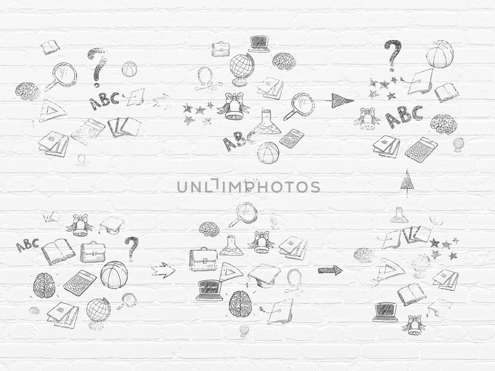 Grunge background: White Brick wall texture with Scheme Of Black doodle Painted Hand Drawn Education Icons