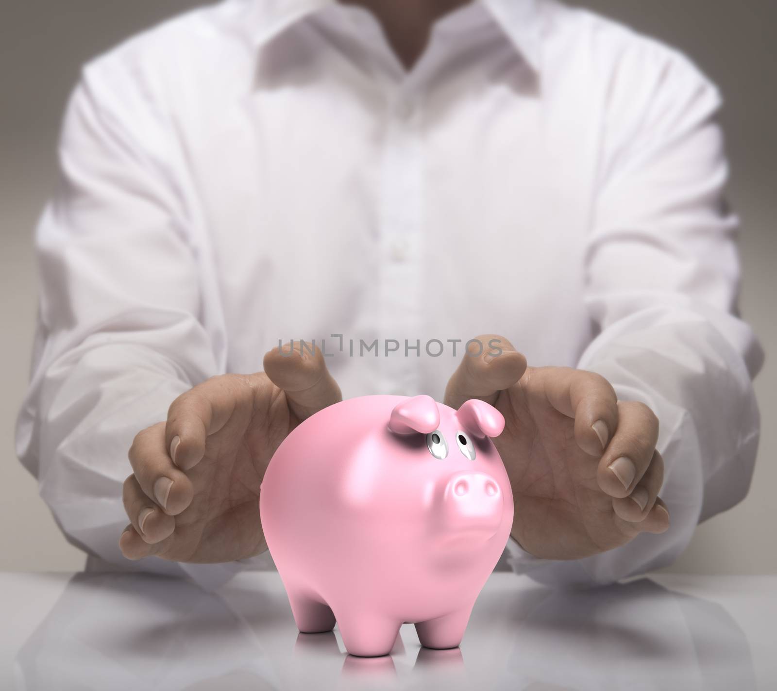 Man hands protect piggy bank. Finance concept illustration of savings or good credit. 