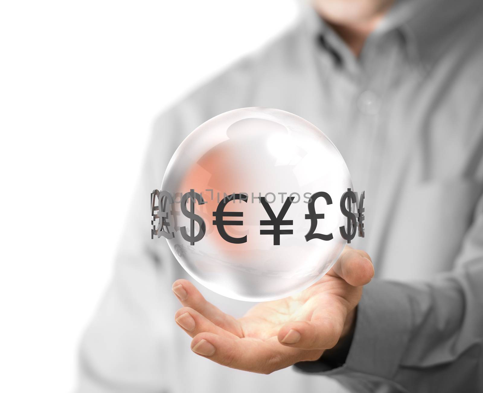 Man hand holding glass sphere with currencies around it. Concept image for illustration of currency exchange.