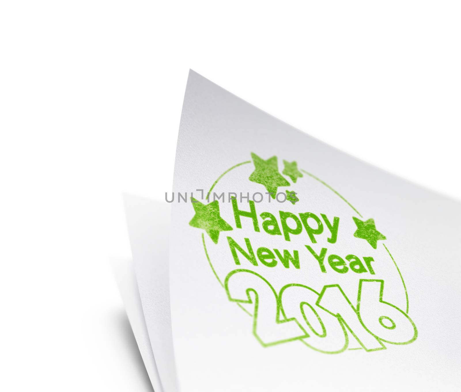 Rubber stamp with the text happy new year 2016 printed on a paper sheet over white background
