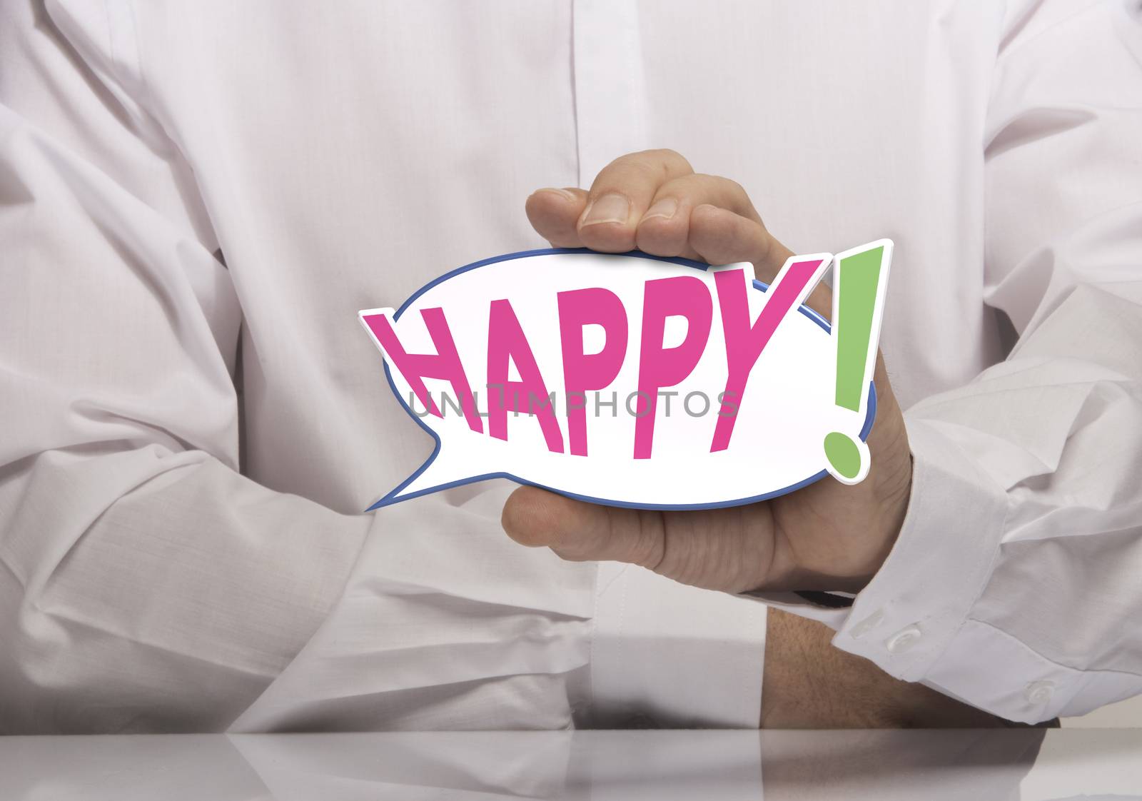 Image of a man hand holding speech balloon with the text happy, white shirt. Concept of happiness or happy customer.