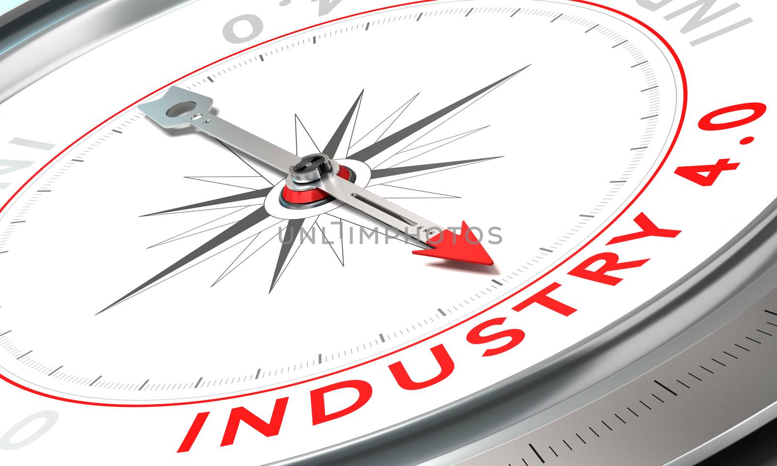 Compass with needle pointing the word industry 4.0. Concept of industrial future confidence concept over white background.