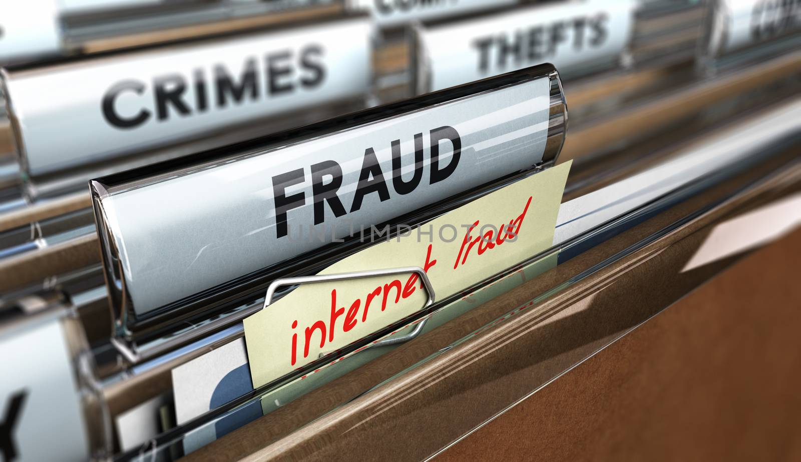 Close up on a file tab with the text fraud plus a note where it is handwritten internet frauds. Blur effect. Concept image for illustration of online scams or cybercrime.